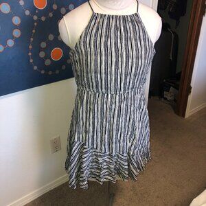 Small Black & White lined rayon short sleeveless dress ruffle, sassy, cute, fun